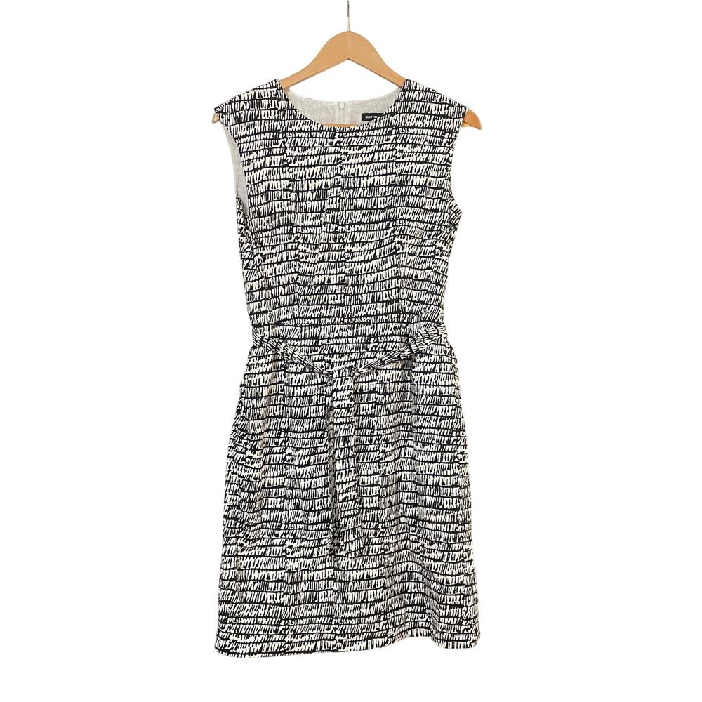 Marimekko Black & White Abstract Print Sleeveless Belted Short Sheath Dress Sz 8